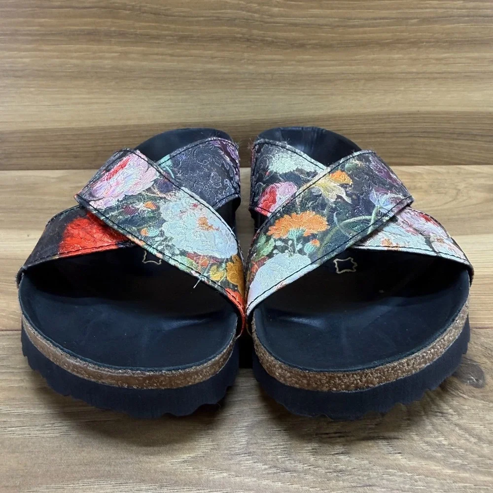 Birkenstock Papillio Daytona Floral Sandals 7 N EU 38 Black Cross Strap Slides - Picture 4 of 10